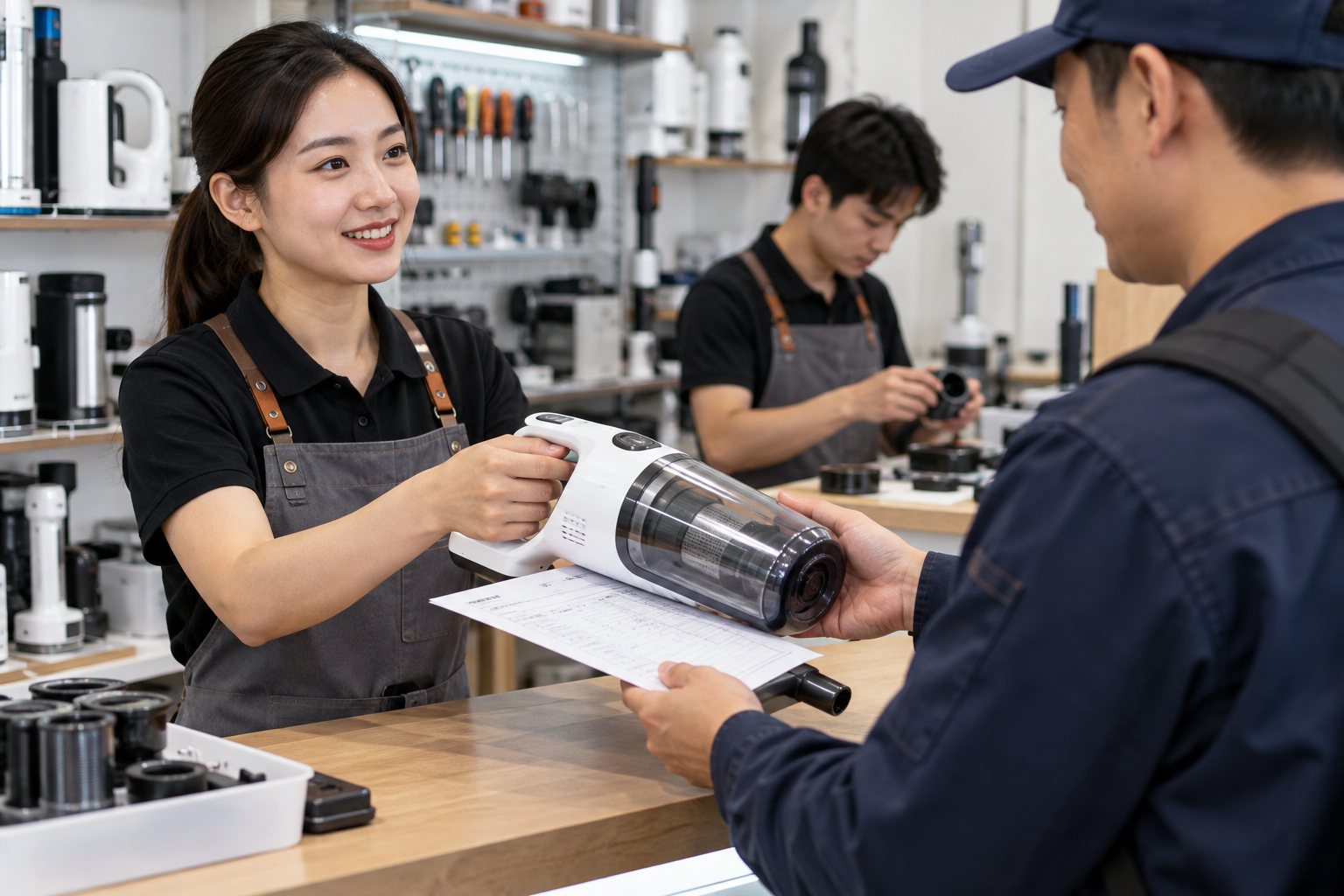 跨门店处理维修咨询时,设备、记录和负责人员一起交接。