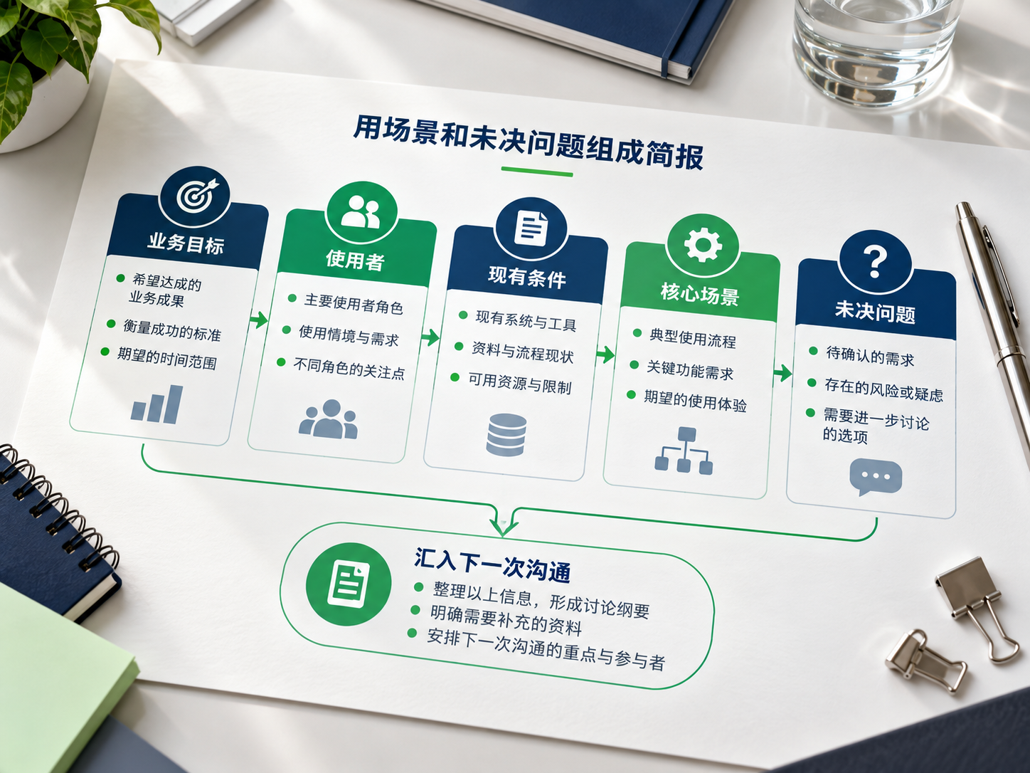 把场景和未决问题组成简报,让售前能够判断下一步。