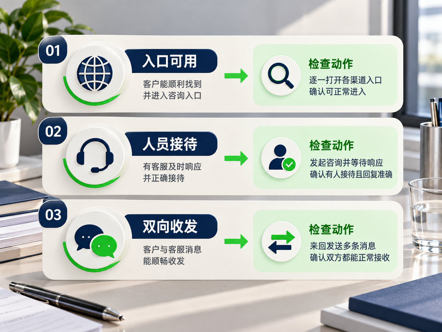 从访客发起到收到回复走完链路,接入结果才可确认。