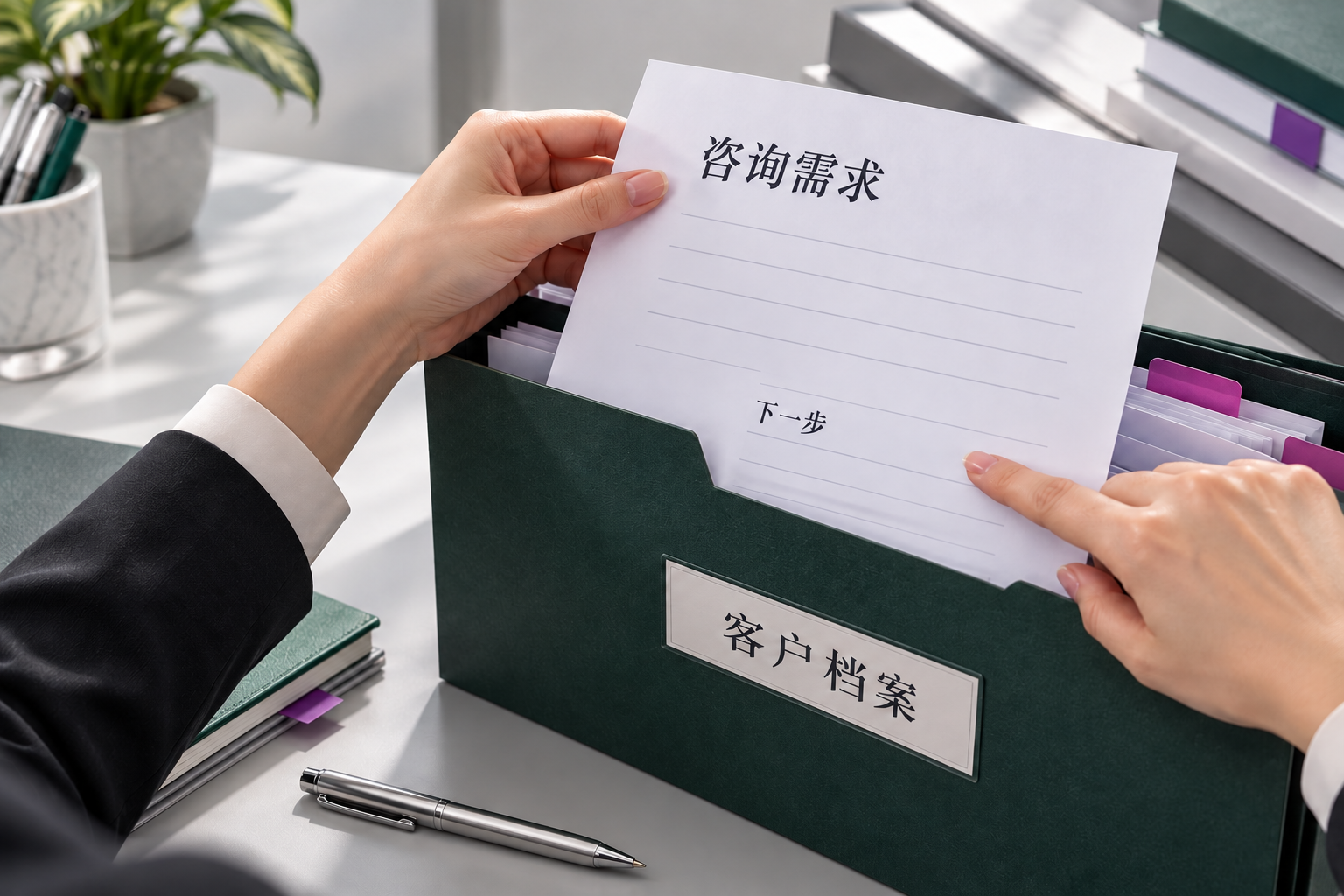 将咨询需求与下一步安排一起纳入客户资料。