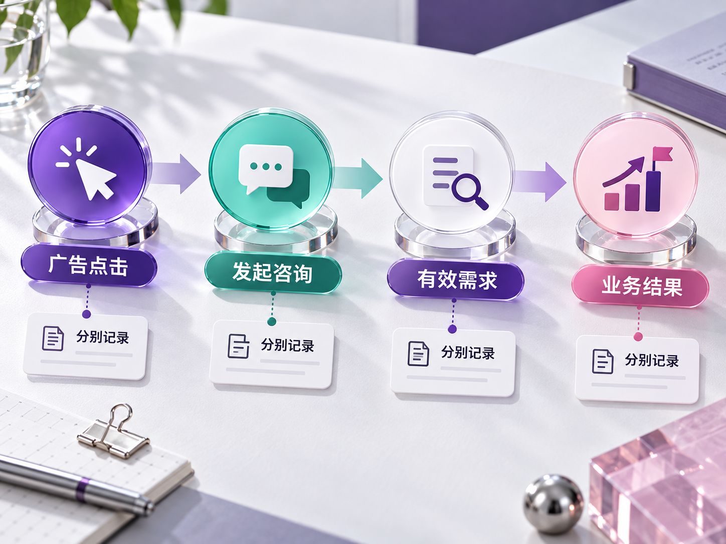 将点击、咨询、有效需求和业务结果分别记录。