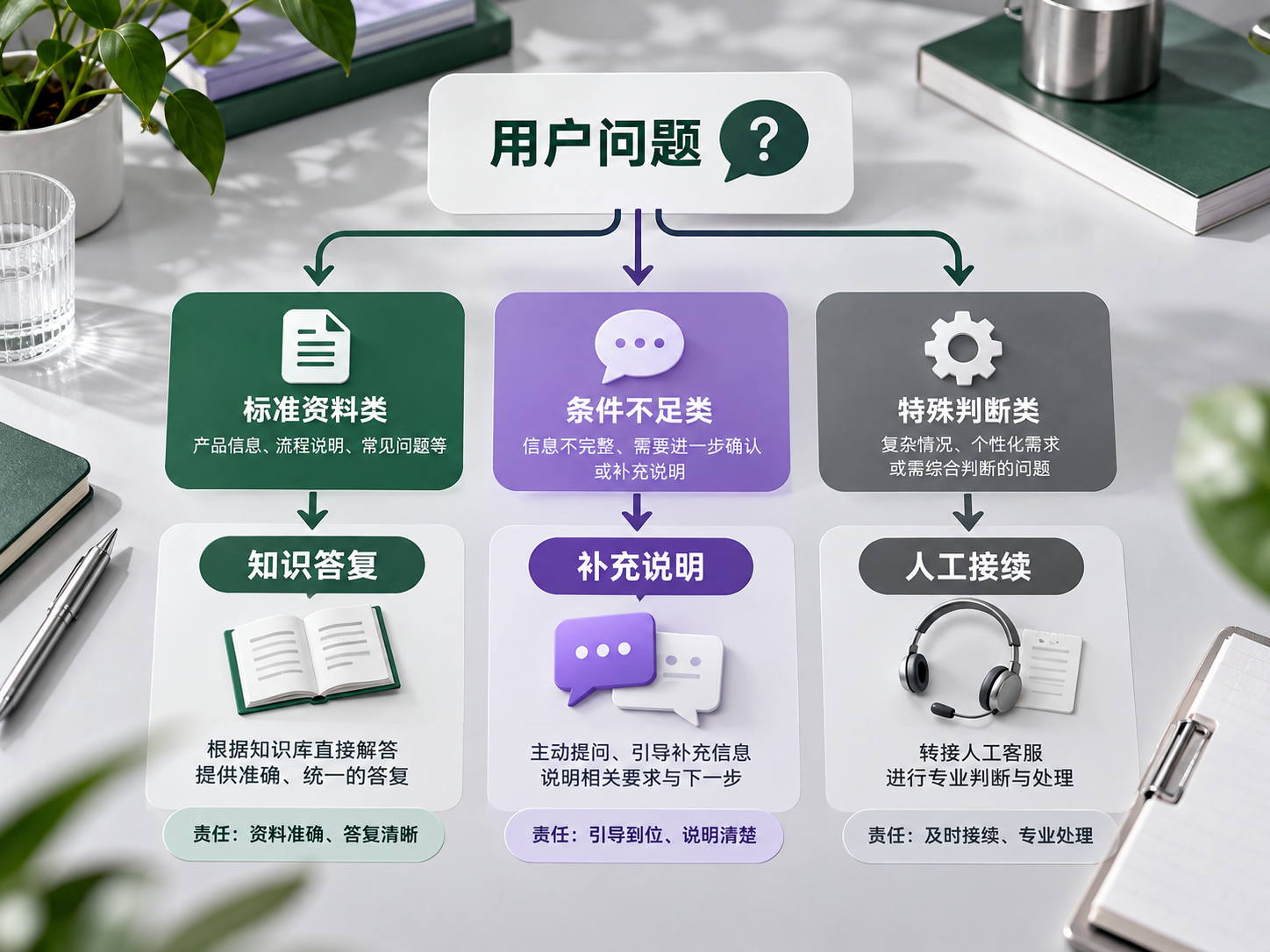 按问题类型安排职责，让自动答复与人工判断顺畅接续。