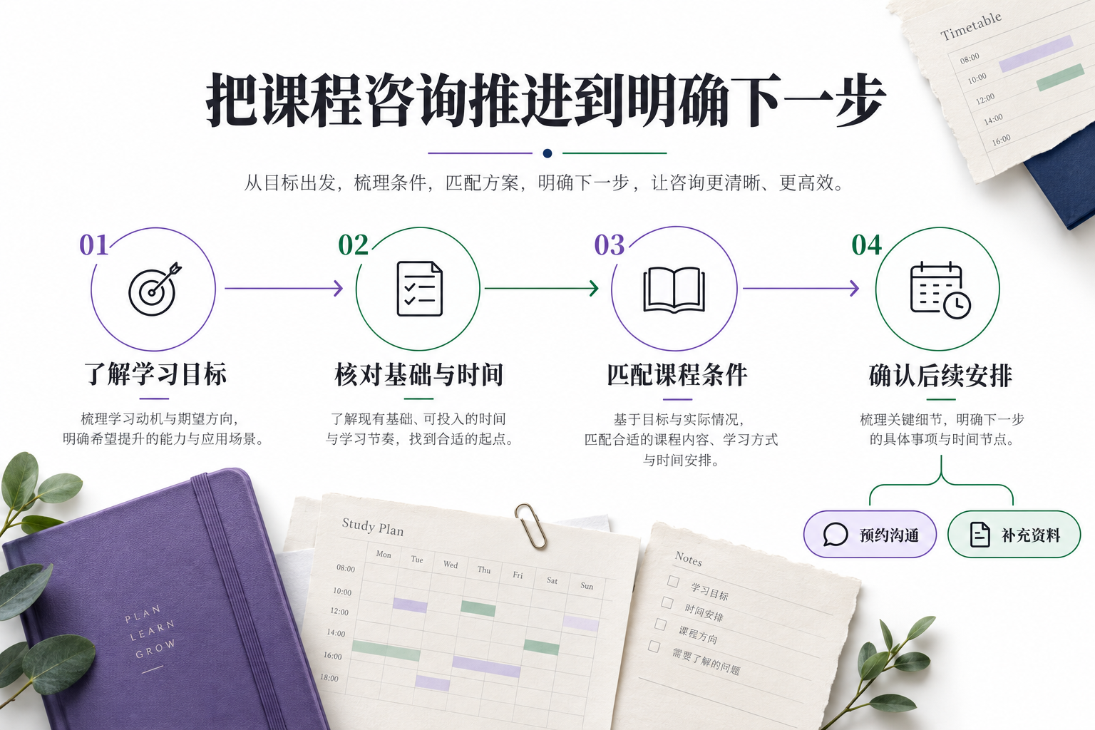 从课程需求到试听回访,明确每次交接的下一步。